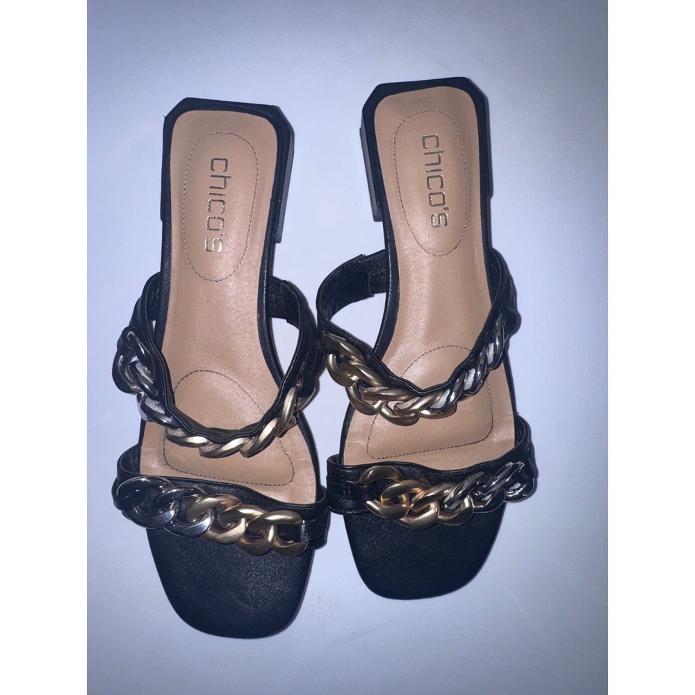 Chicos Black Leather Mixed Metal Chain Slide Sandals Square Toe Block Heel 8.5